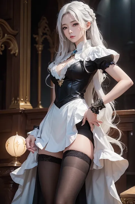 ((masterpiece:1.5,Highest quality,Highly detailed images,Beautiful images、Realistic、Photorealistic、2.5D))(1girl, 独奏)(medium breasts, white hair, black eyes, Healthy legs、Tight ass、Beautiful cleavage)(Fantasy dresses、Fantasy Clothes、Black battle dress、Deep ...