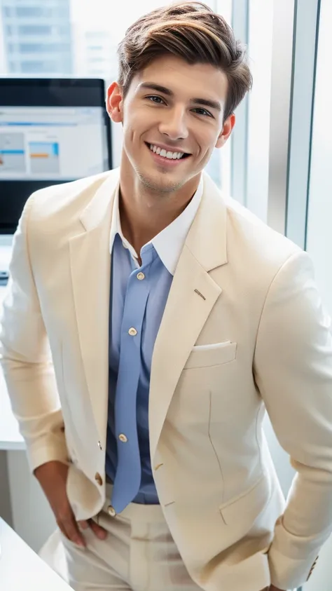 Highest quality, masterpiece, Ultra-high resolution, (Realistic:1.4), RAW Photos, Handsome young man in a white suit, Brown Hair, Modern Office, smile, 