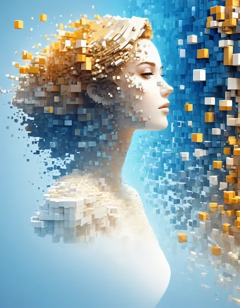 wallpaper，32k，masterpiece，high resolution，Head of beautiful woman against blue gradient dissolving pixel wall，3D Voxel Blocks，A structure that was initially intact but gradually disintegrated in the air，Sunlight shines through the hollowed-out，Space Backgr...