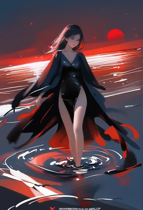 1girl, solo, wlop,
Black hair, gradient eyes, black cloak, seductive smile, 
Walking on water, red moon, night sky
masterpiece, best quality,