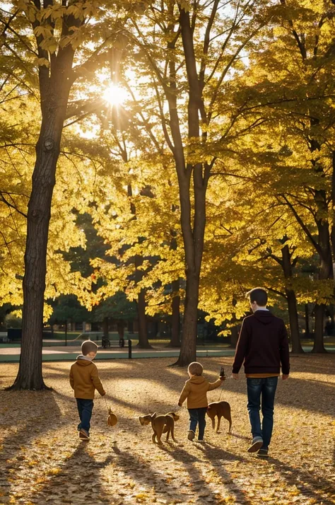 The park is bathed in golden sunlight, with colorful autumn leaves crunching underfoot as Timmy and Max explore together.