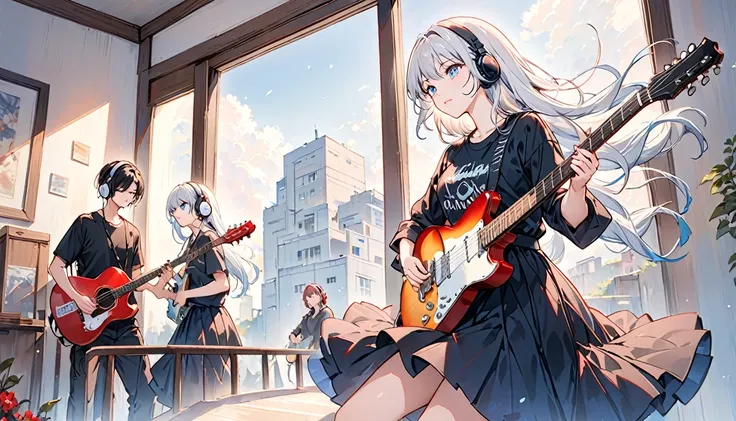 ((masterpiece、Highest quality)) One girl、alone、Black Skirt、Silver-white hair、blue eyes、エレキguitar、guitar、Headphones、lift、Thorn、musical instrument、long hair、music、From one side to the top、Red reflection black hair、playing the guitar、Black Shirt、Inside