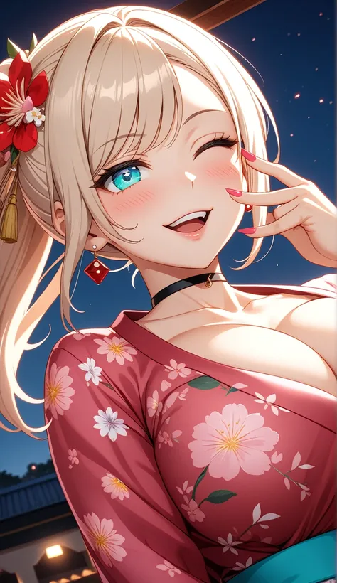 ((One personの女性)), Beautiful Face, head tilt, ((laugh)),((Wink:1.9)),((Touch your lips)), Laugh with your mouth wide open,((Bright red cheeks:1.4)),Shiny red lips,night,rooftop,You can see the ocean, firework,Laughing with your mouth open,Glossy pink lips,...