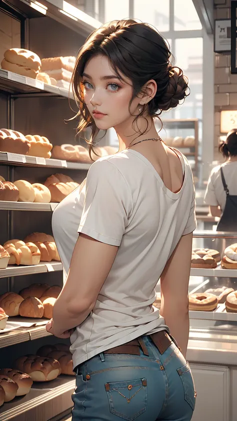 (8K, RAW photos, best quality, masterpiece:1.2), (realistic, photo-realistic:1.3)、((1 woman)), 20 year old Japanese woman with a beautiful face.、hair is gray、Eye color is dark blue, smile, high definition face, Curly short hair, (((bakery, at the bakery)),...