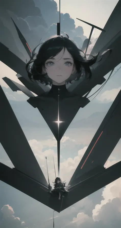 masterpiece, best quality, movie still, 1girl, flying in the sky, black hair, cloud, (close-up:1.1), dark, sad, fun, soft lighting, (Bauhaus, shapes, lines, abstract:1.1)