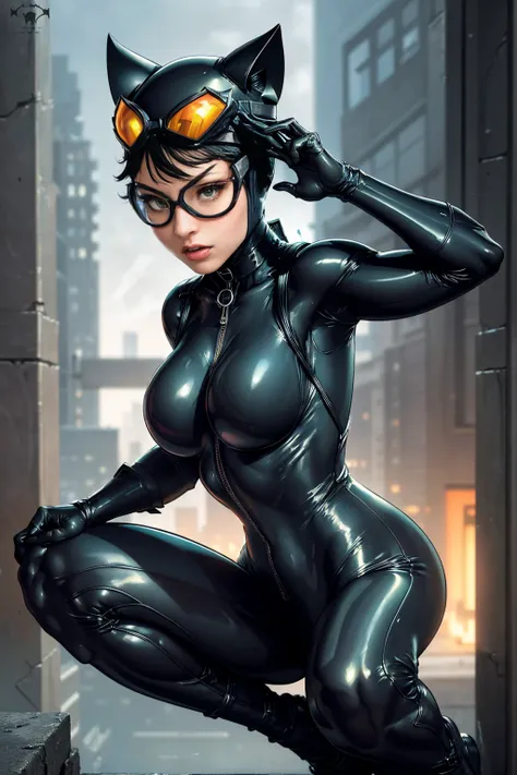 (masterpiece, best quality:1.2),  catwoman, 1girl, solo, breasts, (cat ears, goggles, goggles on head), huge breasts, black bodysuit, night, center opening, unzipped, open bodysuit, green eyes, blurry background, perfect hands, perfect fingers, skimpy outf...