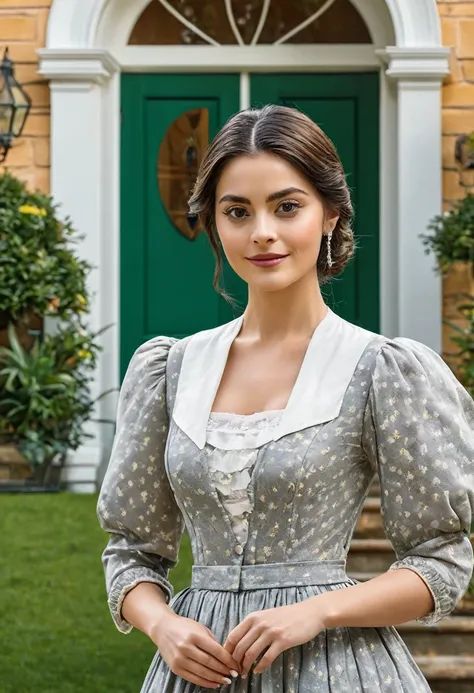 Create the image of Clara, a sweet woman in front of her mansion