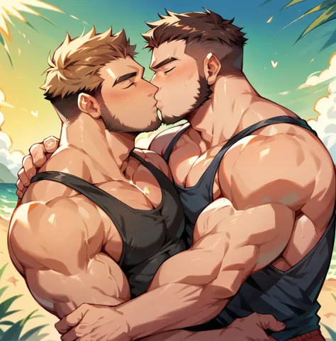 A handsome muscular shirtless naked man , is cuddling and kissing ,a handsome muscular brown haired bearded man wearing a black tank top and red swimwear sunset, beach 