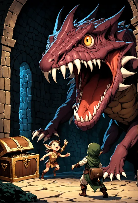 A treasure chest mimic opens its toothy maw and chases after a cute halfling thief woman, dungeon, high fantasy
