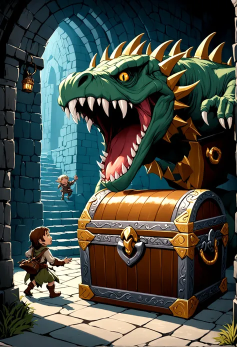 A treasure chest mimic opens its toothy maw and chases after a cute halfling thief woman, dungeon, high fantasy
