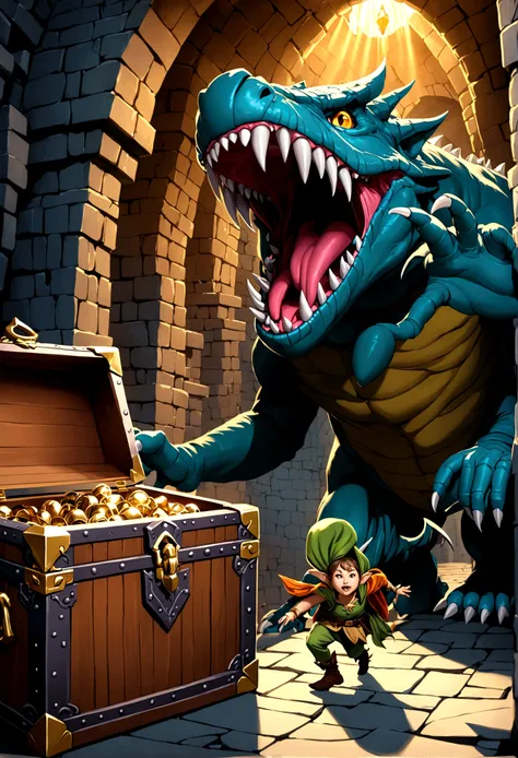 A treasure chest mimic opens its toothy maw and chases after a cute halfling thief woman, dungeon, high fantasy
