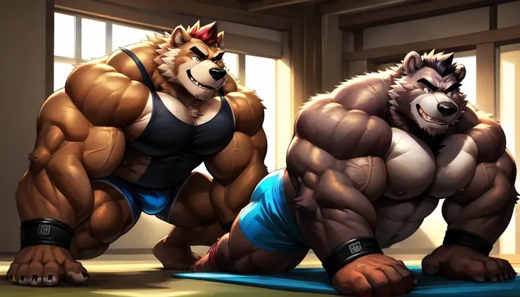 By dangpa, By daveoverlord, by kuulongarl, by takemoto, by kusunagi Huge muscular thick Bear bodybuilder shirtless in black gym shorts and wristbands doing pushups getting pumped, attractive guy, 8k furry art