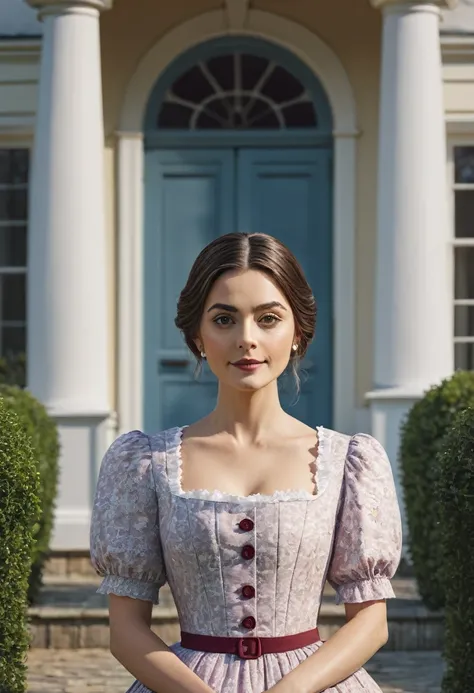 Create the image of Clara, a sweet woman in front of her mansion