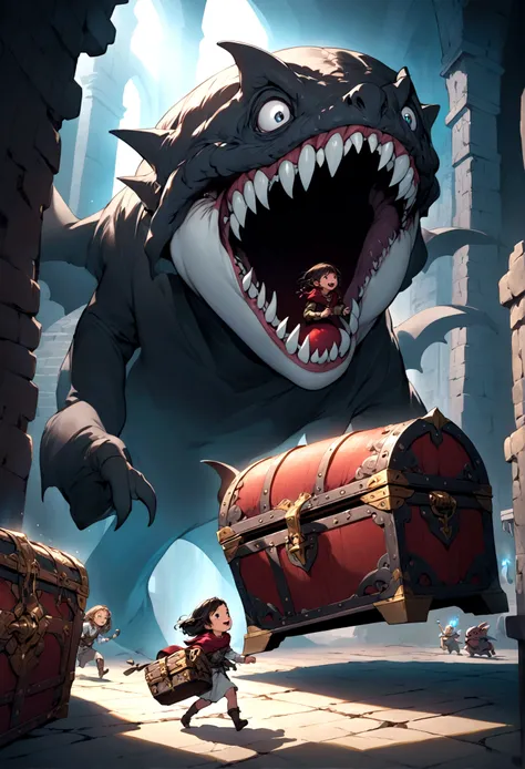 A treasure chest mimic opens its toothy maw and chases after a cute halfling thief woman, dungeon, high fantasy
