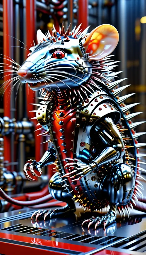 There is no one, Reality Photos, Reality Photos, Realistic photo of a rat-like creature, spikes, multi-colored shiny fur, strange and, Surreal and, the other world, A robotic factory with a shiny assembly plant, intricate details, very sharp, Sophisticated...