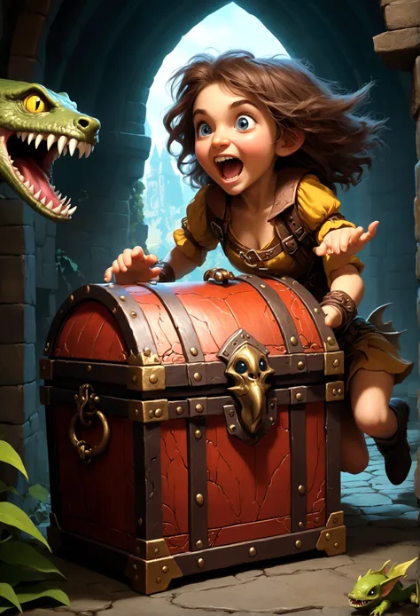 A treasure chest mimic opens its toothy maw and chases after a cute halfling thief woman, dungeon, high fantasy
