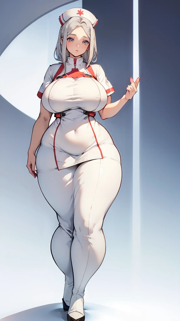 ((blank background)), masterpiece, best quality, silver hair, (curvy:1.7), (massive breast:1.5), ((full body framing)), (long legs:1.6), symmetry, nurse woman, nurse uniform
nurse cap, short skirt