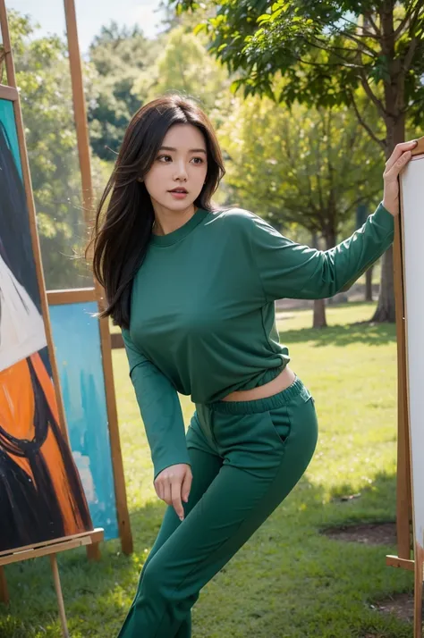 SLIMMING WOMAN IN A LONG SLEEVED PING COLOR T-SHIRT, LONG TROUSERS, HIS PANTS ARE TORN IN A COOL POSE IN FRONT OF A MAN PAINTING THE WOMAN FROM THE FRONT IN A GREEN FIELD FULL OF BIG TREES 