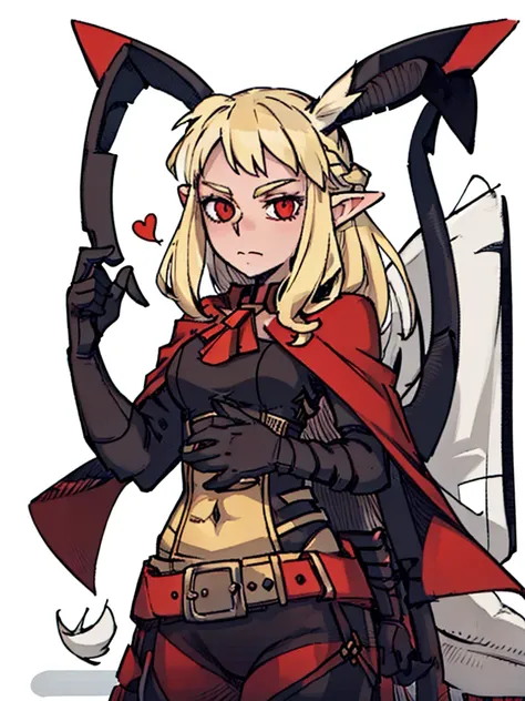 A female elf，front,((Half Body),(Long blond hair，Archer)),Pointed ears，Red Cape，beauty，kindly，Solid color background，White background