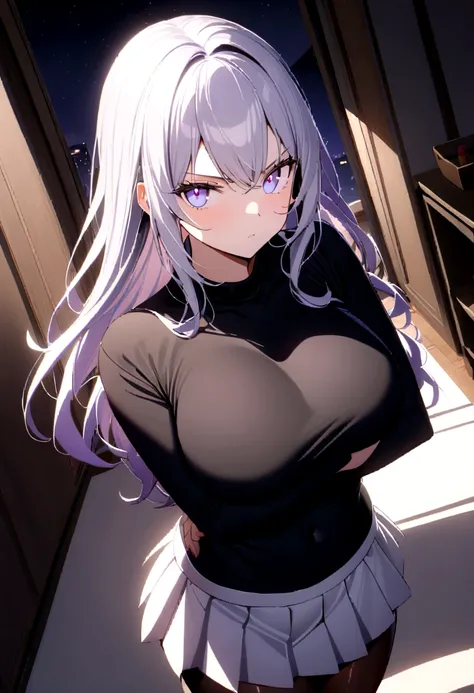 1 girl, ((Girl is curvy and slim, attractive and tall)), ((Girl has long silver hair)), ((purple blue gradient eyes)), ((Girl wears a black body shirt, white jacket, short white pleated skirt, black stocking)), ((Girl is in the bedroom)), ((Girl is looking...