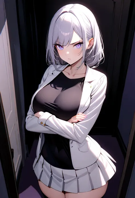 1 girl, ((Girl is curvy and slim, attractive and tall)), ((Girl has long silver hair)), ((purple blue gradient eyes)), ((Girl wears a black body shirt, white jacket, short white pleated skirt, black stocking)), ((Girl is in the bedroom)), ((Girl is looking...