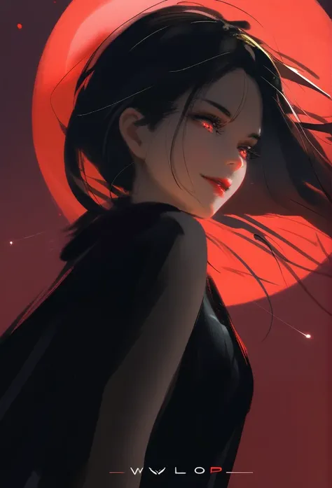 1girl, solo, wlop,
Black hair, gradient eyes, black cloak, seductive smile, 
Falling out of the sky, red moon, night sky, cloudy 
masterpiece, best quality,