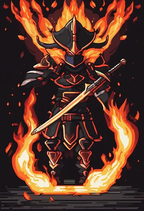 (pixel art, cartoon illustration, Fireblade longsword, Flaming theme, simple black background, RPG game icon)