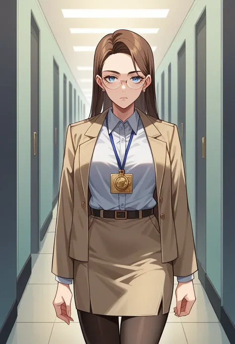 woman, military office employee, young, 24 years old, elegant woman, high authority, wears a cream military office uniform and brown open jacket, has a medal and the rank of 1st sergeant on her clothes, wears glasses, her face is beautiful, her expression ...