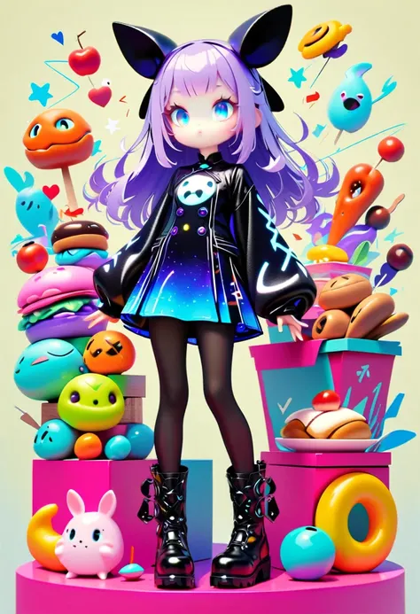 Style 7,One girl,Food,boots,pantyhose,Sleeves are longer than the wrist,Black footwear,blue eyes