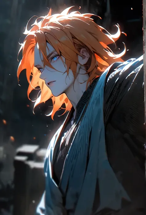 (solo), orange hair, messy hair, mane hair, short hair, dense hair, wild hair, expressive hair, mature,(25 year old), pale skin, blue eyes, ((male)), muscular body, wearing a blue kimono,, handsome, attractive, eye reflection, depth of field, thunder aura,...