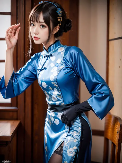 araffe woman in a blue dress and black stockings posing for a picture, cheongsam, chinese costume, tai costume, japaneese style, chinese dress, celebration costume, glamorous and sexy geisha, costume with blue accents, ayaka, ayami, in a blue qipao, wearin...