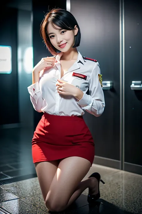 (a gorgeous lady, age 21, Flight Attendant uniform, Shenzhen Airlines Stewardess, wet white shirt, wet red mini-skirt, kneeling in a bathroom, dimpled smile, short bob hair, wet short hair, cute snaggle-tooth, well-endowed round bosom, long flawless legs, ...