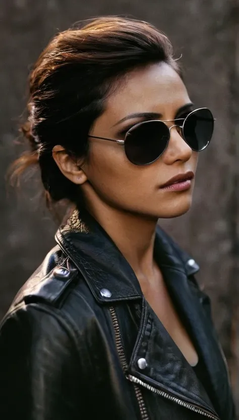 Realistic close-up profile photo from high angle above of a woman wearing sunglasses and a leather jacket. The woman is looking down at something. The sunglasses are dark and the womans face is partially obscured by them. The background of the image is dar...