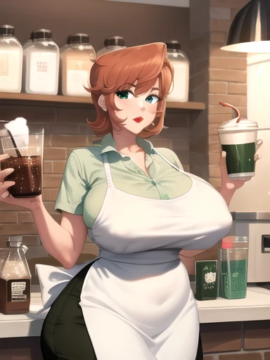 good aninomy, Masterpiece, Best Quality, 4k, 8k, professional photography, Luz tinue, infoque nítido,1 girl,
Meme_with hielo_linte_with_mama_milk,Starbucks, 
coffee shop, blurred background, light particles,  apron, barista, mamas, clavicle, cup, green_apr...