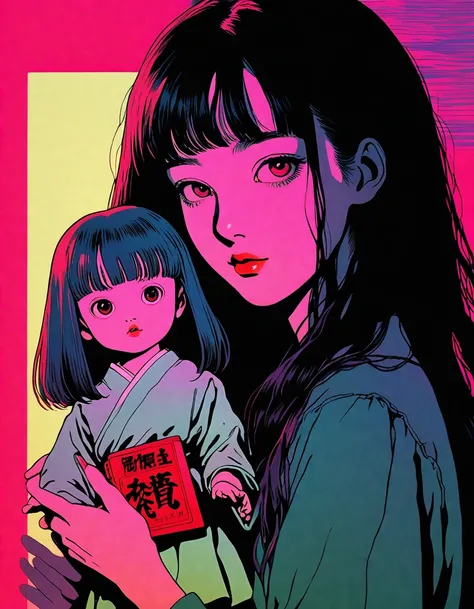 illust、art、from 80s horror movie, directed by Junji Ito、Girl holding a Japanese doll、high detail, realsitic shadow、Analog style, vhs style, 8mm film, chromatic aberration, Dvd screengrab、Complementary color gradient