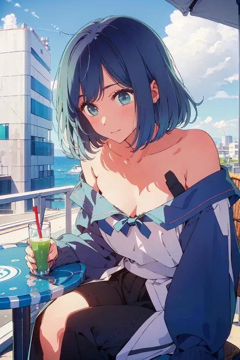 (Highest quality:1.4、8K:1.4、detailed)、F cup bust、Big Breasts、Slim body、Very white beautiful skin、((((1 person、Surprised expression、sit、Chair、In the background are the urban buildings of Tokyo、looking at the camera、Outdoor café terrace、coastal、Navy hair col...