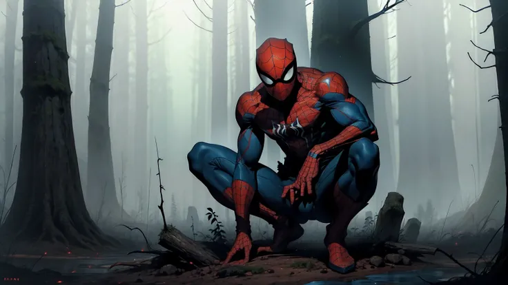 Giant spider man in a scary forest