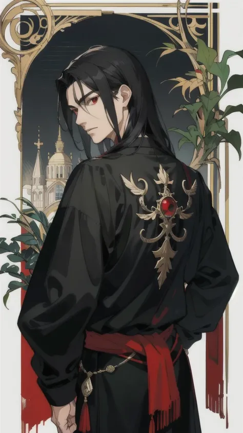 masterpiece, best quality, 1male, handsome, finely detailed eyes, intricate details, long black hair, red eyes, at ruinscape, Facing forward and looking back, the body measures half and leaves the top empty