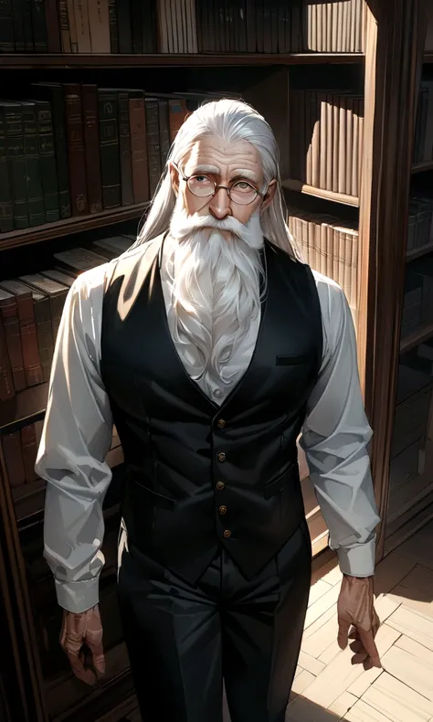 Drawn in ultra-realistic detail、An old philosopher with a profound expression。White hair and long beard、Wrinkled face。Wise eyes reflect a state of contemplation、Wearing old-fashioned glasses、Staring straight ahead。His outfit is simple and classic, a shirt ...