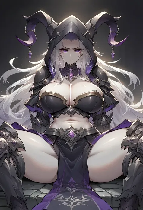 score_9, score_8_up, score_7_up, score_6_up, score_5_up, score_4_up, source_anime, 1girl, (pale skin:0.8), white hair, (long hair, straight hair), purple eyes, horns, demon horns, black hood, (ornate armor), strapless, cleavage, midriff, zettai ryouiki, cu...