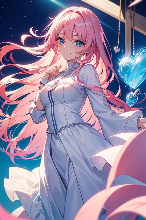 (8k high quality), (2d high quality), (high anime quality), (beautiful girl), (beautiful face), (shining pink hair), (beautiful blue eyes), (beautiful wristwatch), (beautiful silver necklace with heart pendant), (shining smooth skin), (grinning face), (loo...