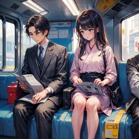 (pixel art_1.1)1female Japanese students,The girl in front of me,Sitting and sleeping on the train,standing on Young man,middle-aged Multiple Salaryman,One of them office worker is reading a newspaper,pixel art,8bit,NES,