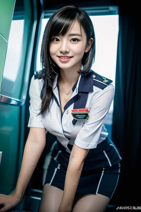 (a gorgeous lady, age 21, flight attendant uniform, shenzhen airlines stewardess, wet white shirt, red mini-skirt, kneeling in s...