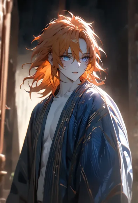 (solo), orange hair, messy hair, mane hair, short hair, dense hair, wild hair, expressive hair, mature,(25 year old), pale skin, blue eyes, ((male)), wearing a blue kimono,, handsome, attractive, eye reflection, depth of field, thunder aura,cinematic light...