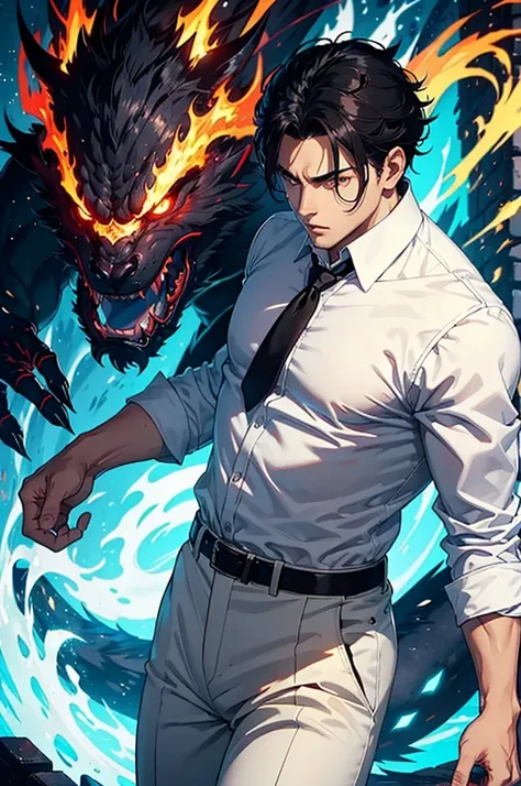 A HANDSOME GUY WEARING WHITE SHIRT, BLACK HAIR, FIERY EYES, FIERY ARMS, FIGHTING A BIG MONSTER