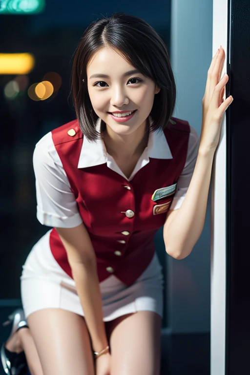 (a gorgeous lady, age 21, flight attendant uniform, shenzhen airlines stewardess, wet white shirt, red mini-skirt, kneeling in s...