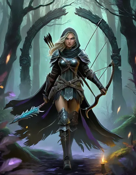 Necromancer Archer Figure: A female archer, slim and athletic, with a dark yet elegant aura.hair: Her short hair is a mix of blonde and purple, perhaps with flowing transitions or ombre effect, slightly wavy and fall over her shoulders.eyes: Your eyes glow...