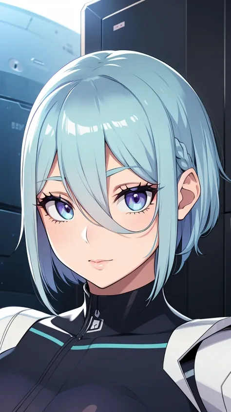 a sexy elite girl, beautiful, tall, wavy light blue hair, short cut, short forehead, her soft green eye, purple eyelashes, she wears a robotic metallic top, a military ship&#39;s aerial suit and pants, a gray military aerial suit&#39;s armor, black gloves,...