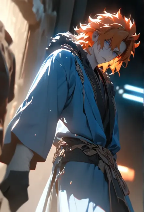 (solo), orange hair, messy hair, mane hair, short hair, dense hair, wild hair, expressive hair, mature,(25 year old), pale skin, blue eyes, ((male)), wearing a blue kimono,, handsome, attractive, eye reflection, depth of field, thunder aura,cinematic light...