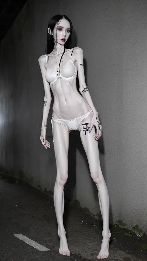 a woman, very thin body, body visible bones, very slender, sweaty wet body, pale white skin, panties, bra,tatto, full body, has a mental breakdown in underground prison 